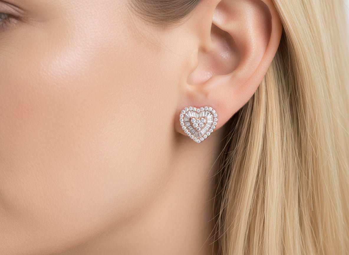 10k Gold Diamond Heart Earrings with Round & Baguette - Cut Double Halo Design 0.37ct - AVI THE JEWELER