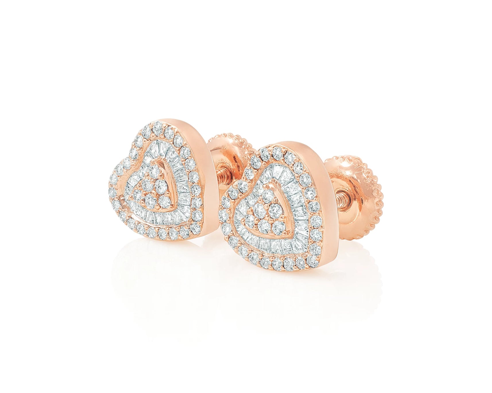10k Gold Diamond Heart Earrings with Round & Baguette-Cut Double Halo Design 0.37ct – lifestyle 3815