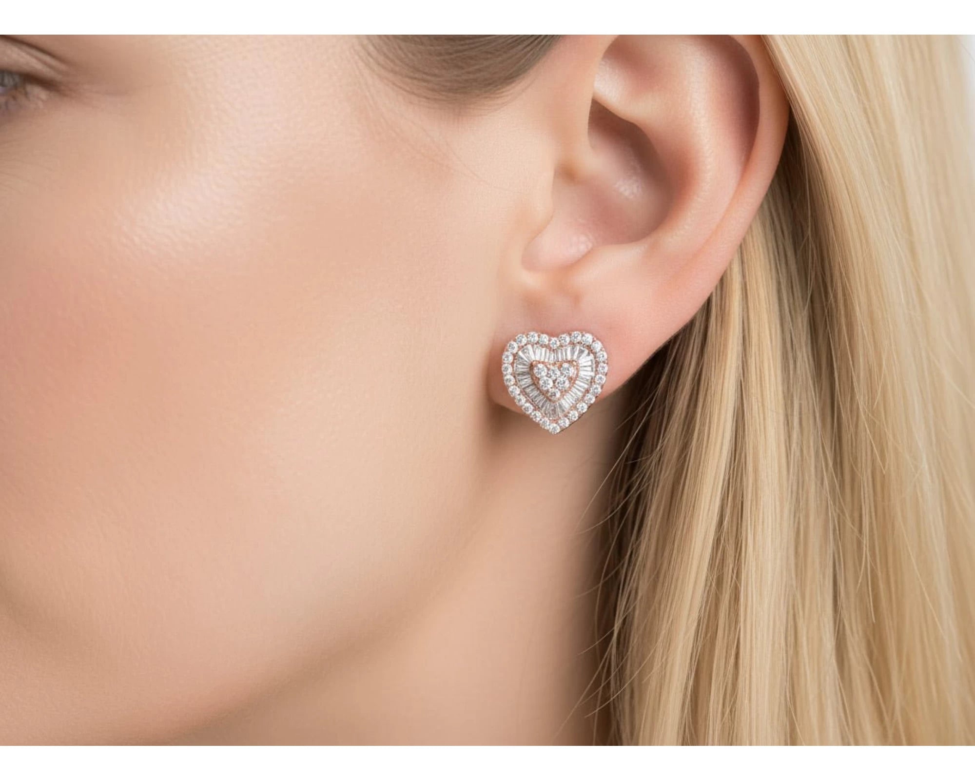 10k Gold Diamond Heart Earrings with Round & Baguette-Cut Double Halo Design 0.37ct – view 2