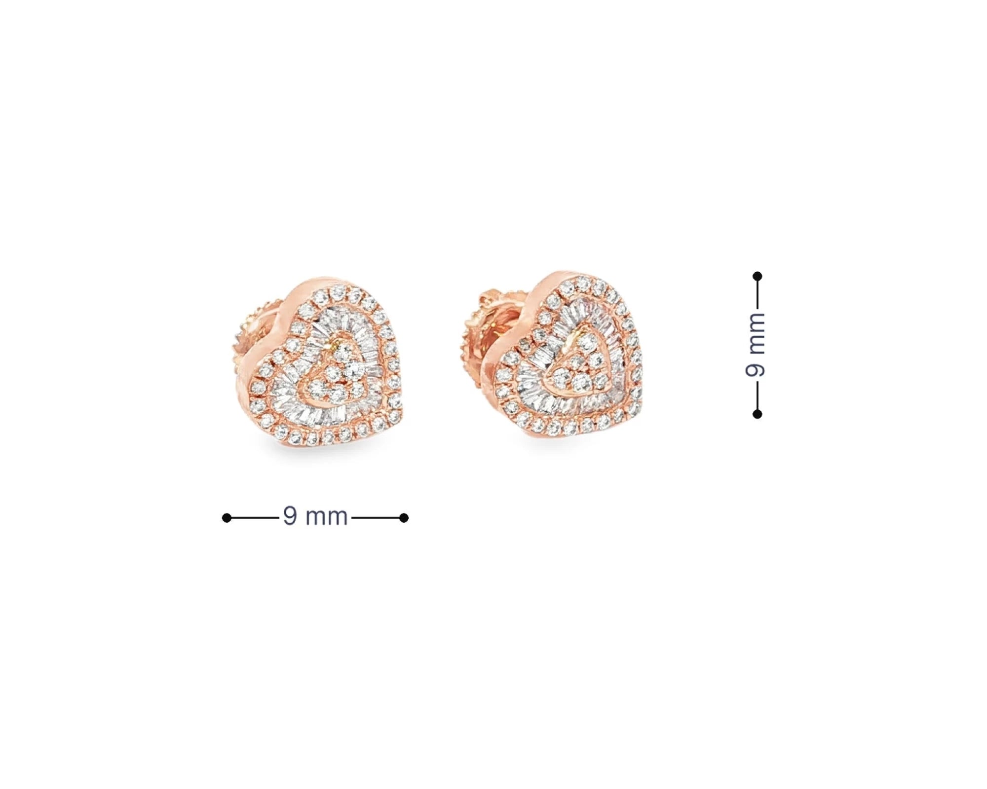 10k Gold Diamond Heart Earrings with Round & Baguette-Cut Double Halo Design 0.37ct – view 7