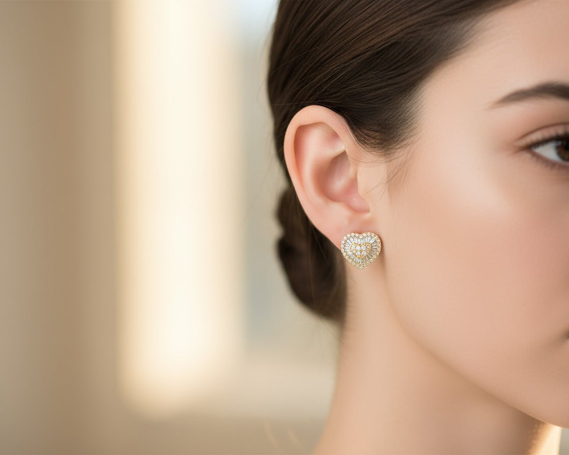 10k Gold Diamond Heart - Shaped Earrings with Round & Baguette Accents 0.60ct - AVI THE JEWELER