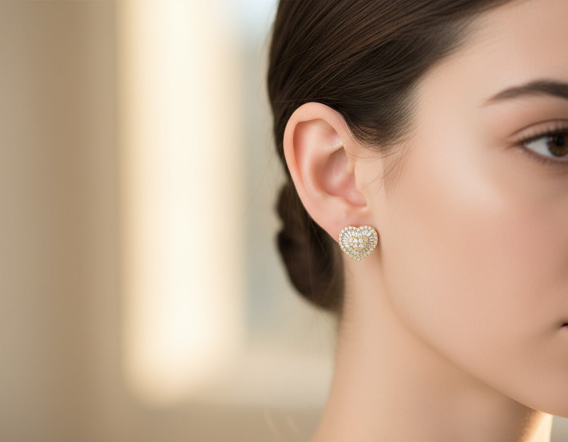 10k Gold Diamond Heart - Shaped Earrings with Round & Baguette Accents 0.60ct - AVI THE JEWELER