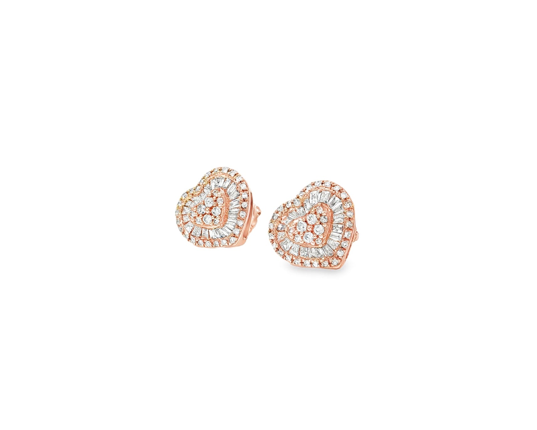 10k Gold Diamond Heart - Shaped Earrings with Round & Baguette Accents 0.60ct - AVI THE JEWELER