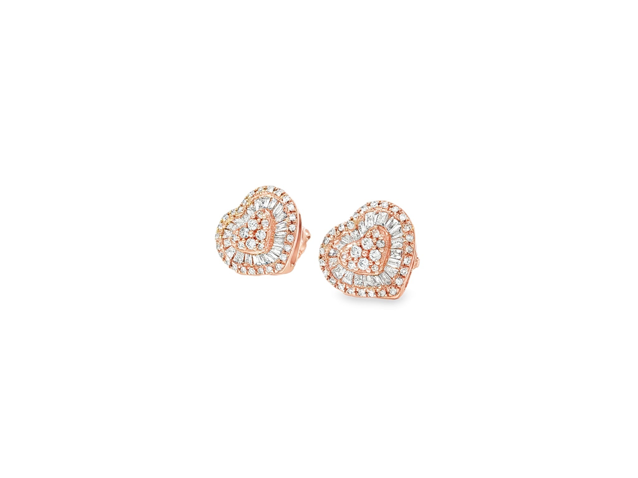 10k Gold Diamond Heart - Shaped Earrings with Round & Baguette Accents 0.60ct - AVI THE JEWELER