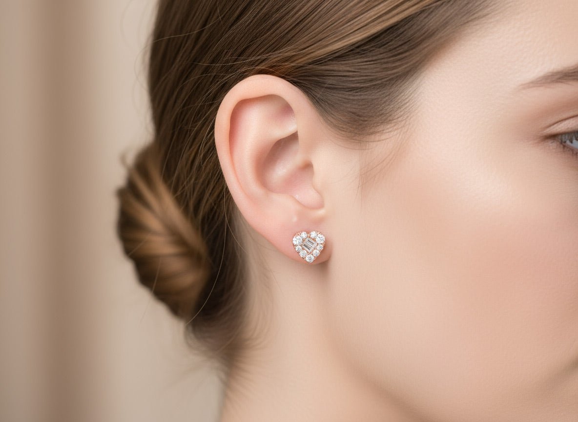 10k Gold Diamond Heart - Shaped Earrings with Round & Baguette Cluster Design 0.70ct - AVI THE JEWELER