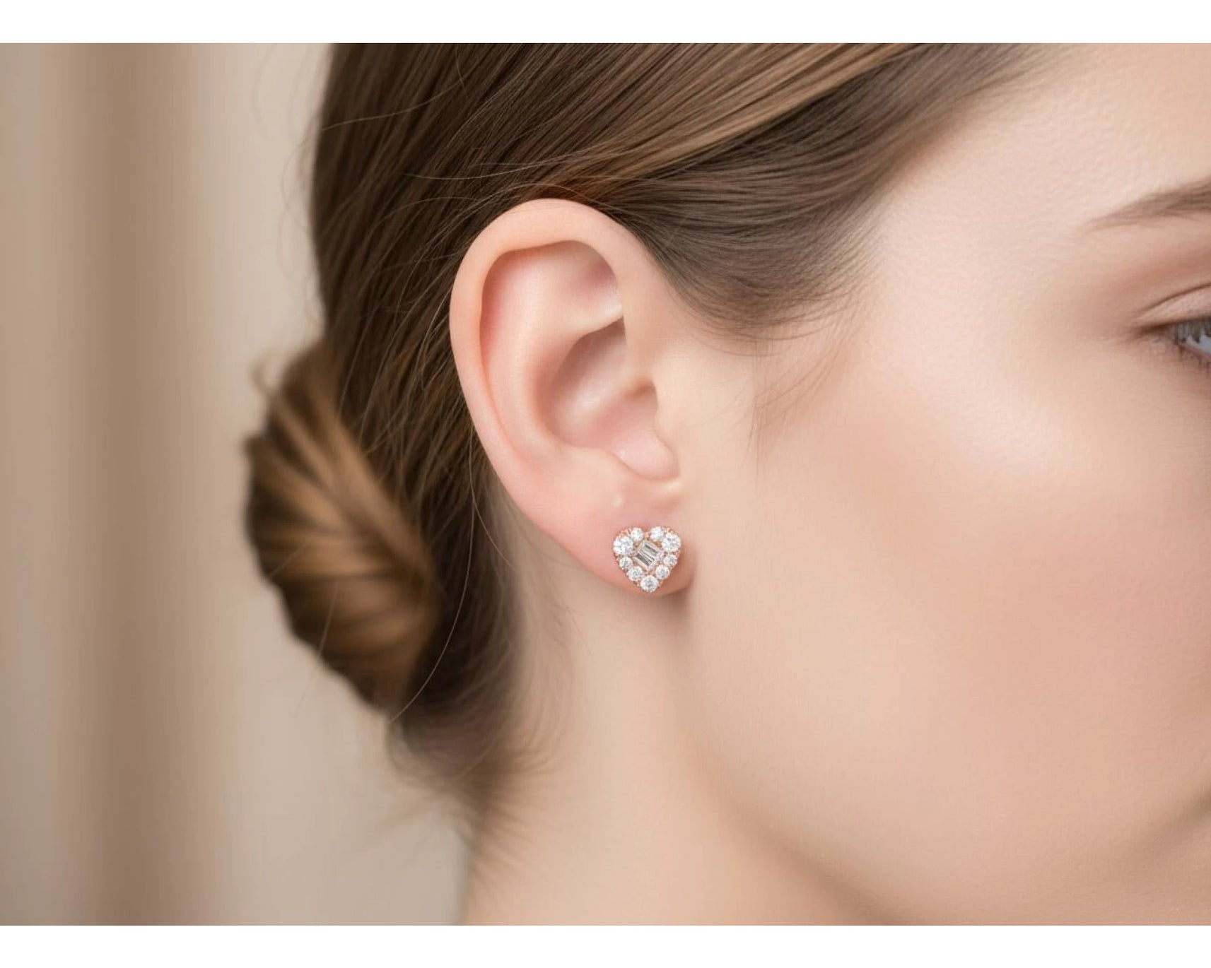 10k Gold Diamond Heart-Shaped Earrings with Round & Baguette Cluster Design 0.70ct – view 2