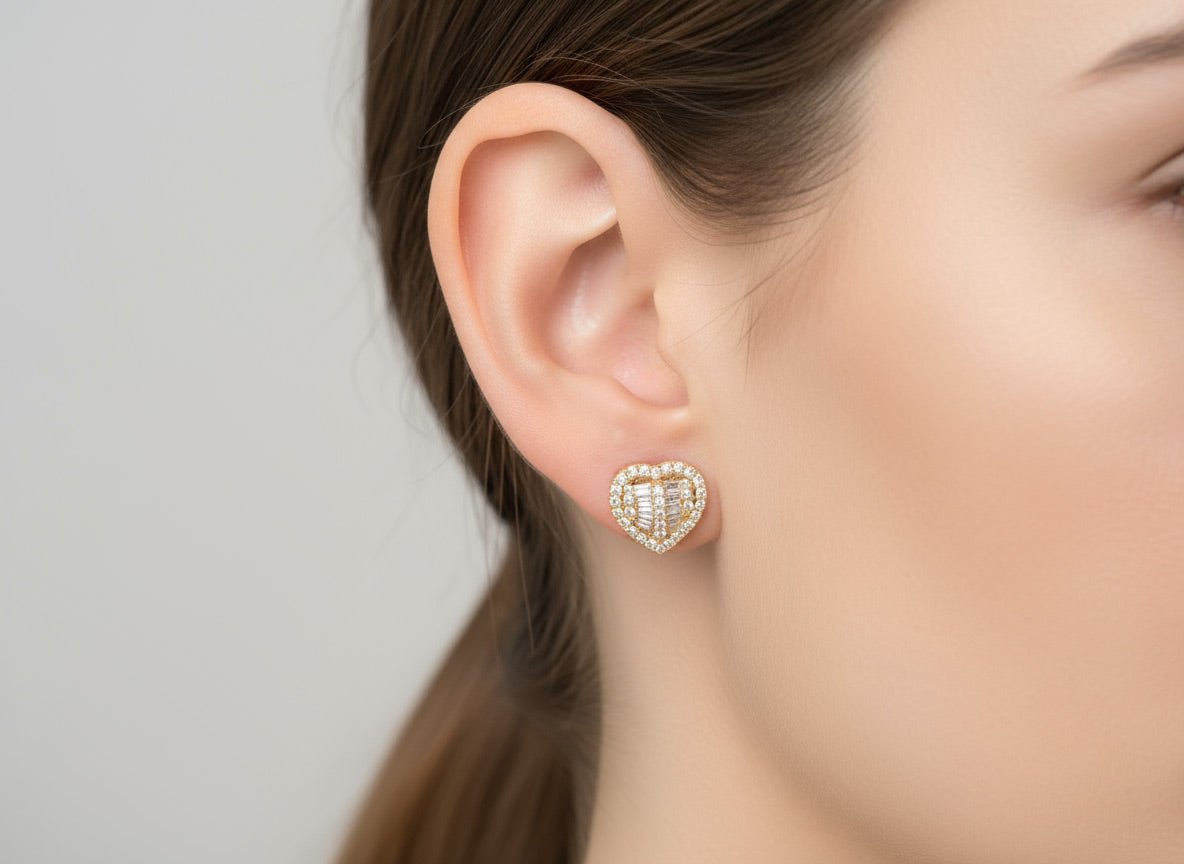 10k Gold Diamond Heart - Shaped Earrings with Round & Baguette - Cut Cluster Design 0.30ct - AVI THE JEWELER