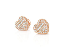 10K Gold Diamond Heart Stud Earrings with Baguette & Round Pavé 0.66ct