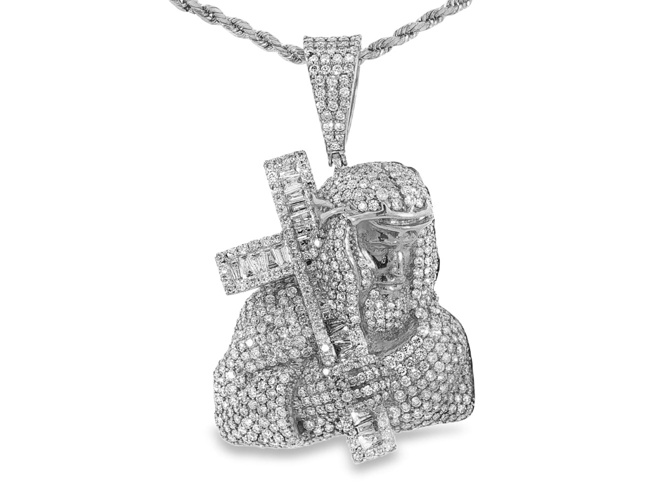 10k Gold Diamond Jesus Carrying Cross Pendant with Round & Baguette Accents 7.85ct - AVI THE JEWELER