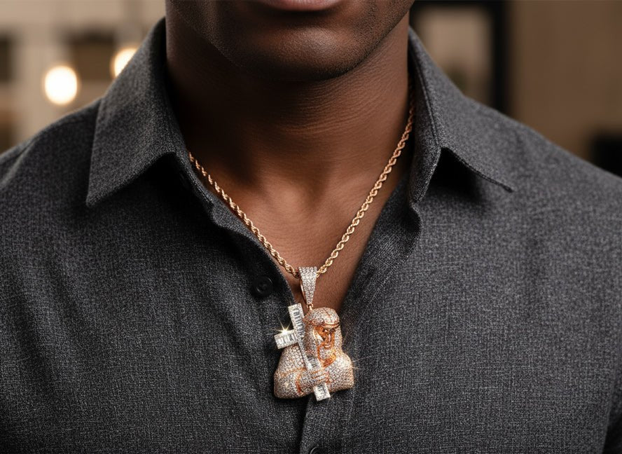 10k Gold Diamond Jesus Carrying Cross Pendant with Round & Baguette Accents 7.85ct - AVI THE JEWELER