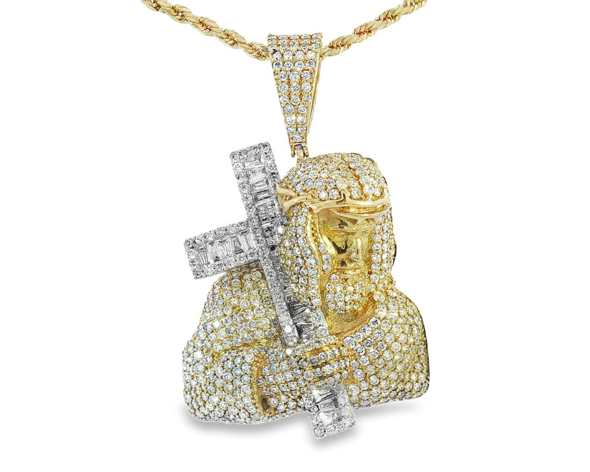 10k Gold Diamond Jesus Carrying Cross Pendant with Round & Baguette Accents 7.85ct - AVI THE JEWELER