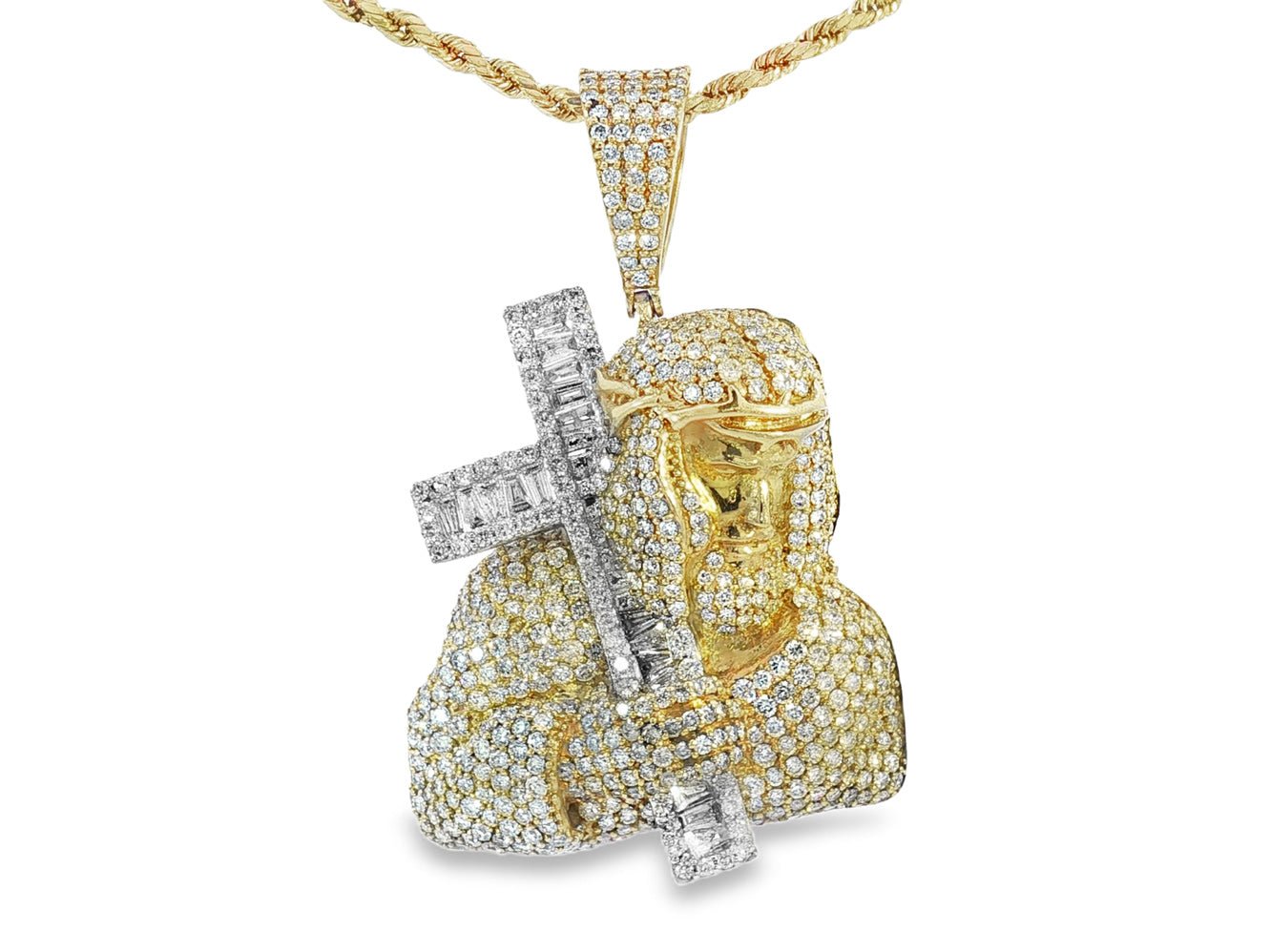 10k Gold Diamond Jesus Carrying Cross Pendant with Round & Baguette Accents 7.85ct - AVI THE JEWELER
