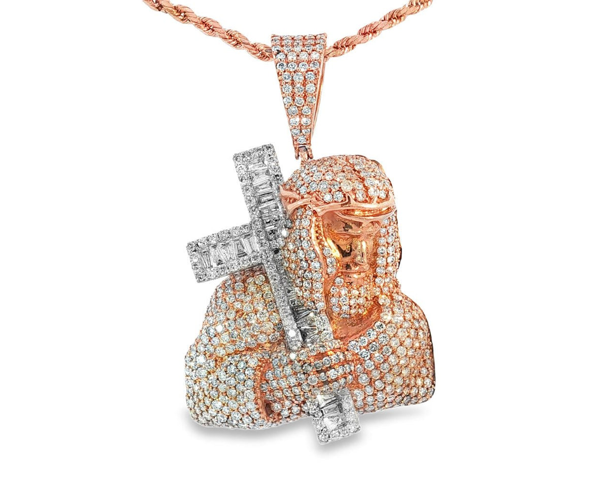 10k Gold Diamond Jesus Carrying Cross Pendant with Round & Baguette Accents 7.85ct - AVI THE JEWELER