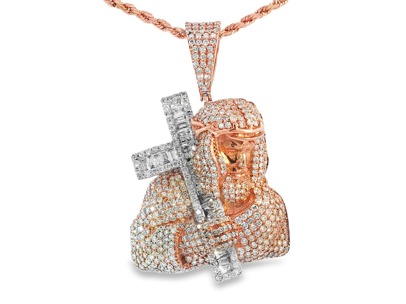 10k Gold Diamond Jesus Carrying Cross Pendant with Round & Baguette Accents 7.85ct - AVI THE JEWELER
