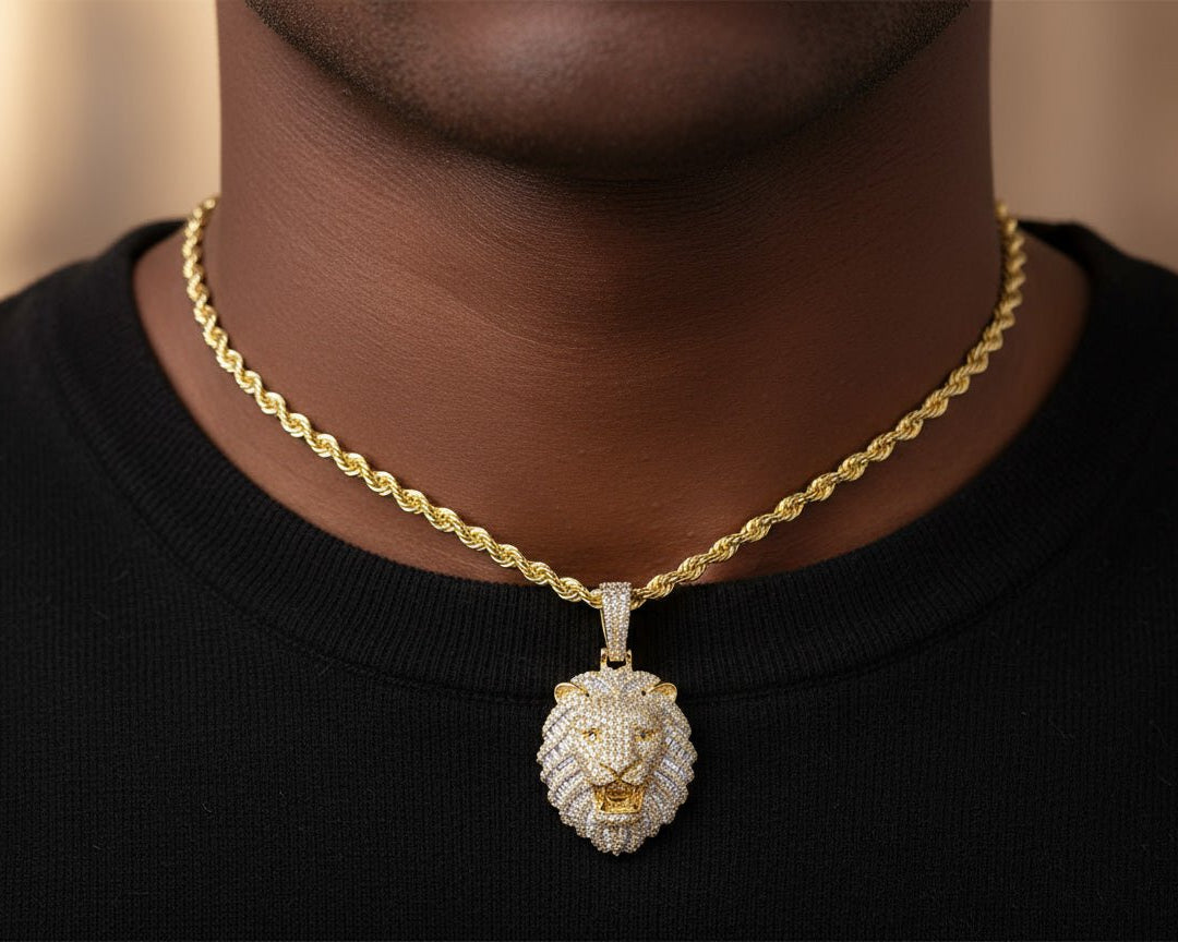 10k Gold Diamond Lion Head Pendant with Baguette & Round Accents 2.75ct - AVI THE JEWELER