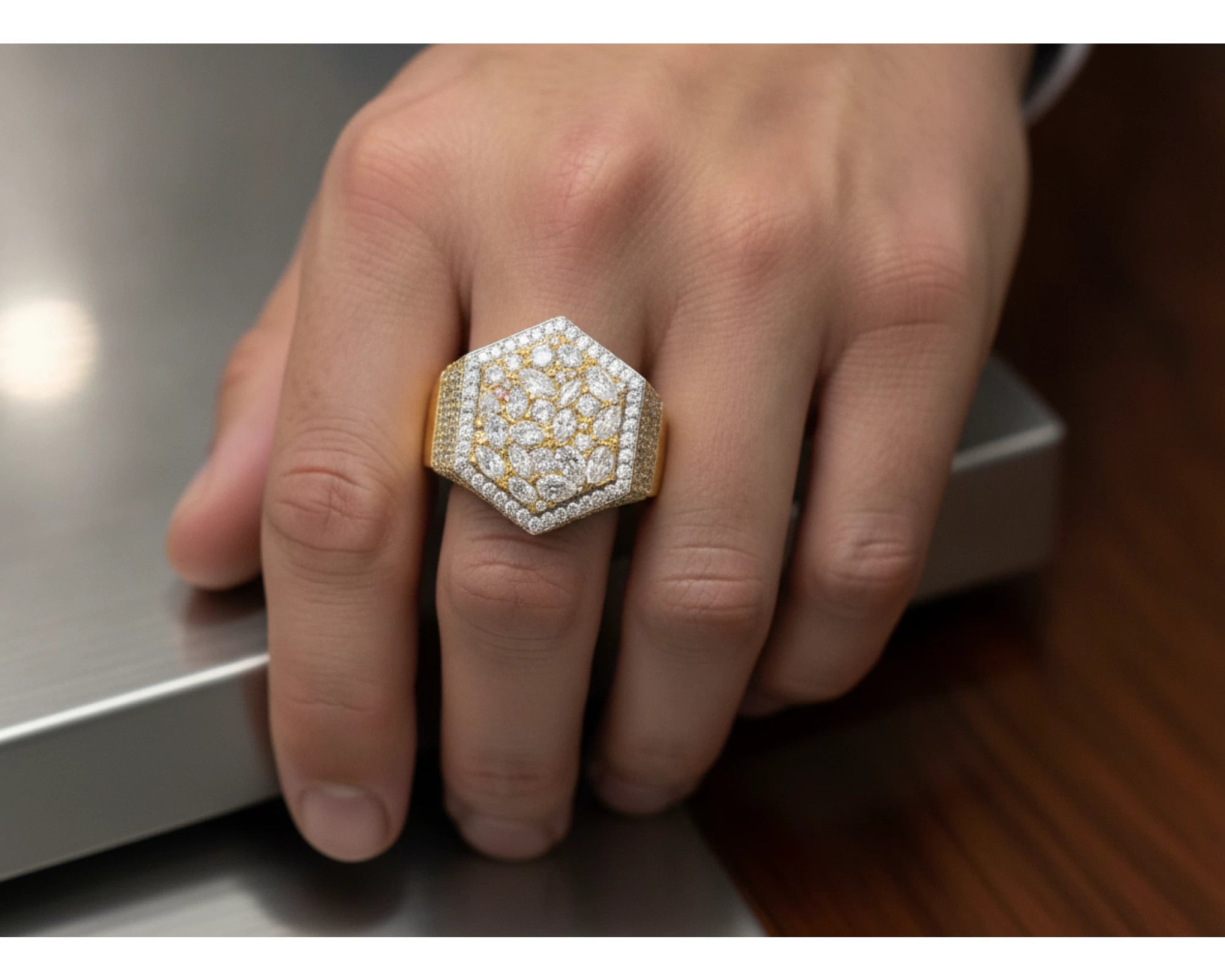 10k Gold Diamond Men's Hexagon Cluster Ring with Pavé Halo 3.80ct – lifestyle 1270