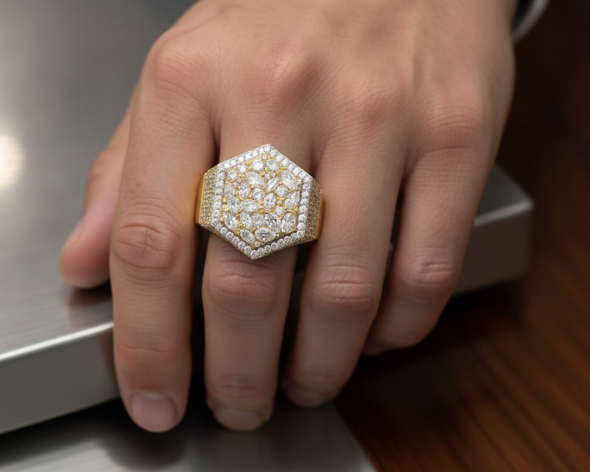 10k Gold Diamond Men's Hexagon Cluster Ring with Pavé Halo 3.80ct – lifestyle 1270