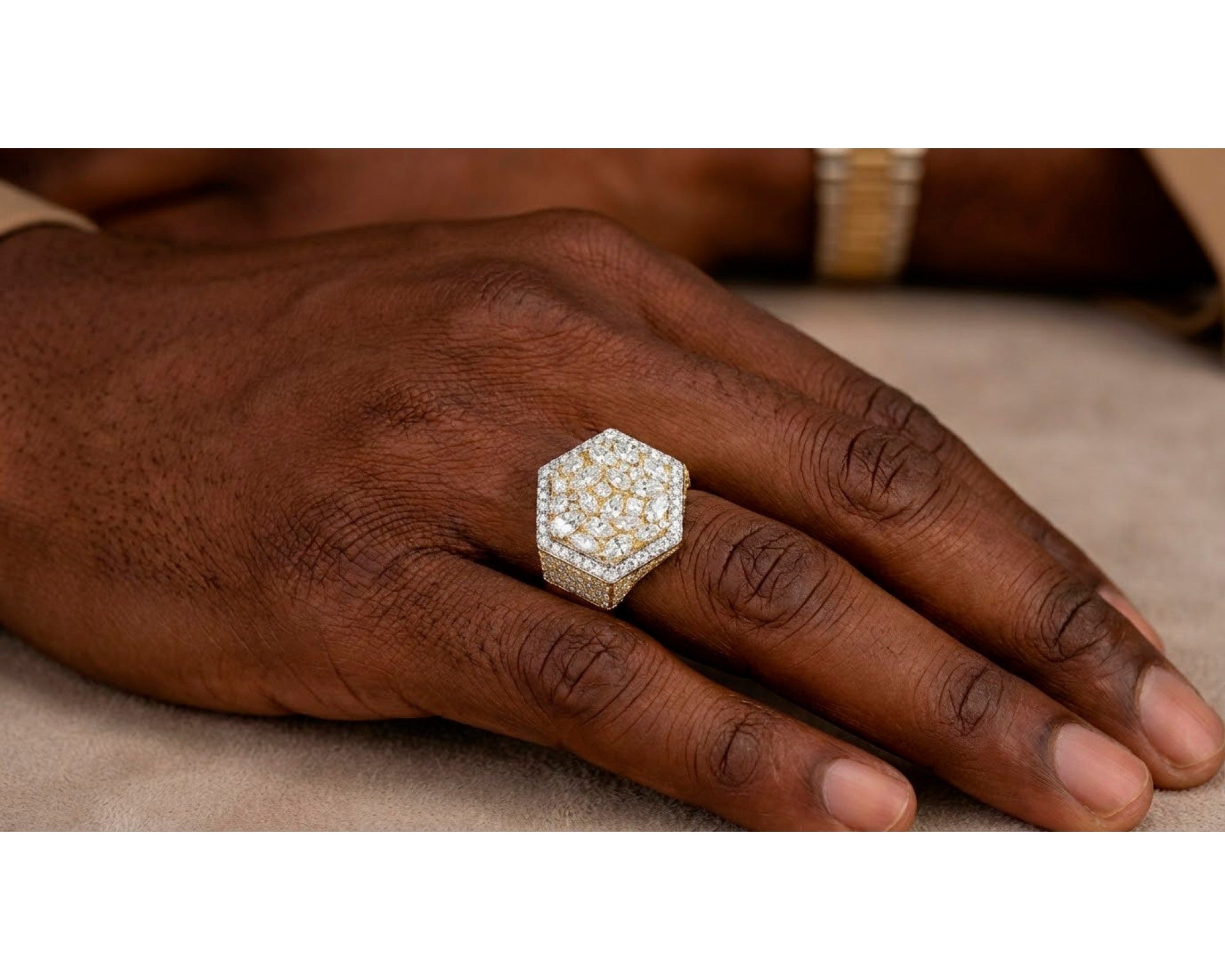 10k Gold Diamond Men's Hexagon Cluster Ring with Pavé Halo 3.80ct – view 2