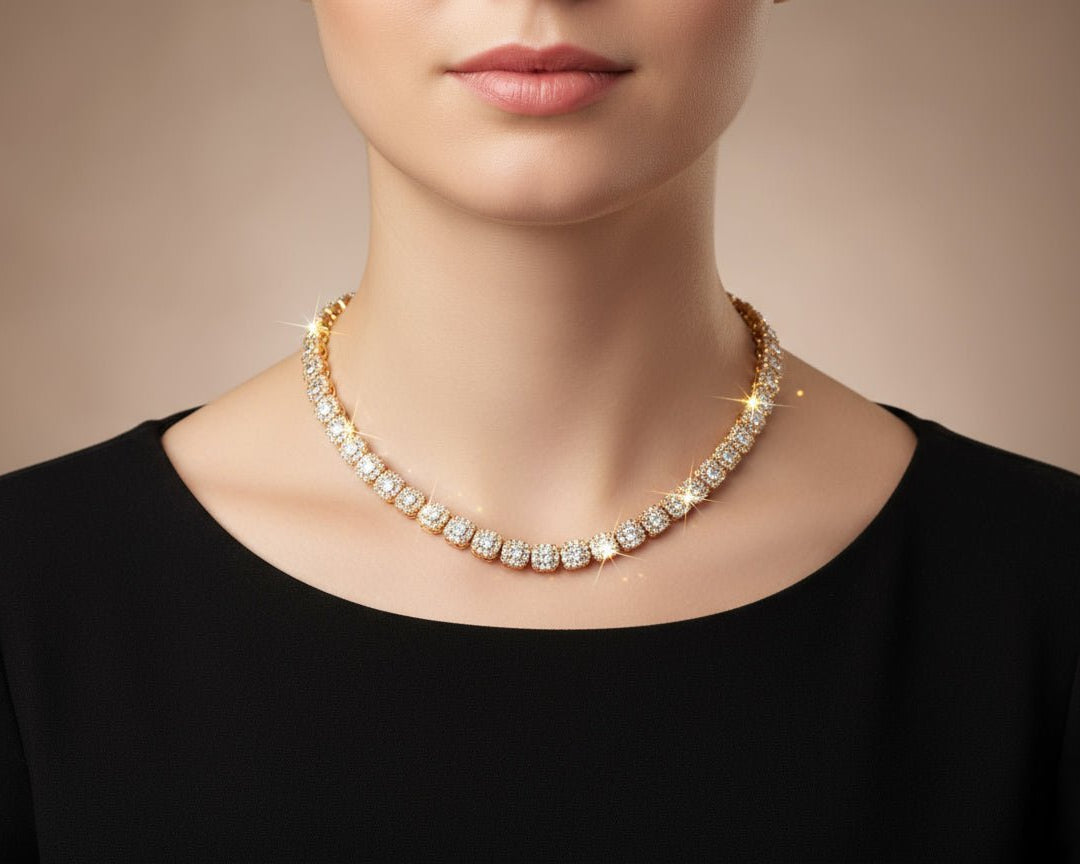 10k Gold Diamond Necklace with Cushion Halo & Round - Cut Design 3.98ct - AVI THE JEWELER