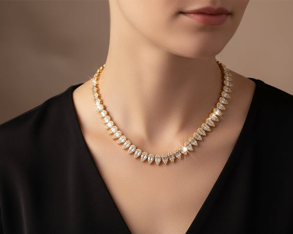 10k Gold Diamond Necklace with Pear - Shape Baguette & Round Cluster Design 5.45ct - AVI THE JEWELER