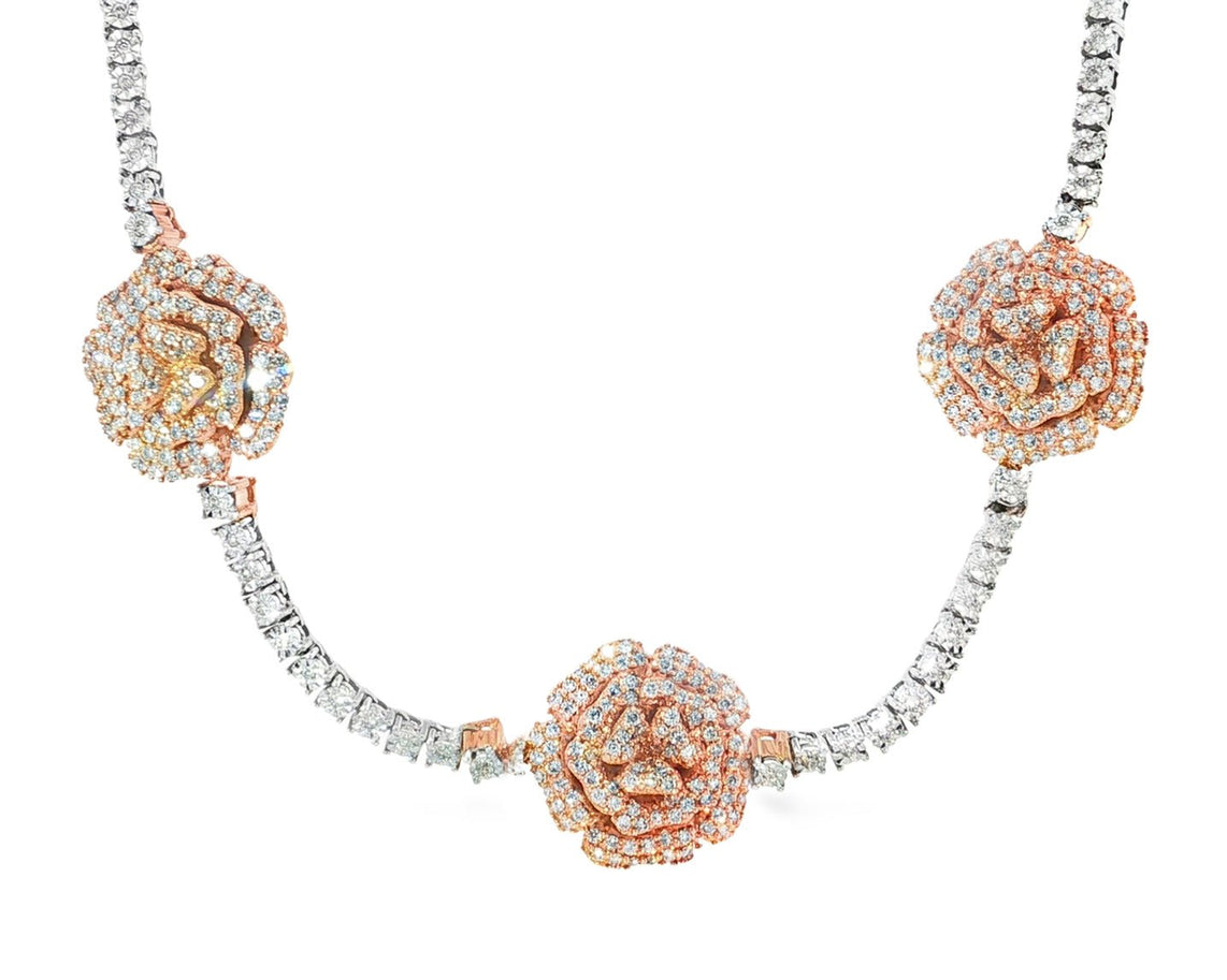 10k Gold Diamond Necklace with Rose Floral Round - Cut Design 2.75ct - AVI THE JEWELER