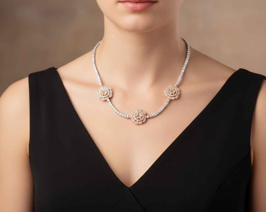 10k Gold Diamond Necklace with Rose Floral Round - Cut Design 2.75ct - AVI THE JEWELER