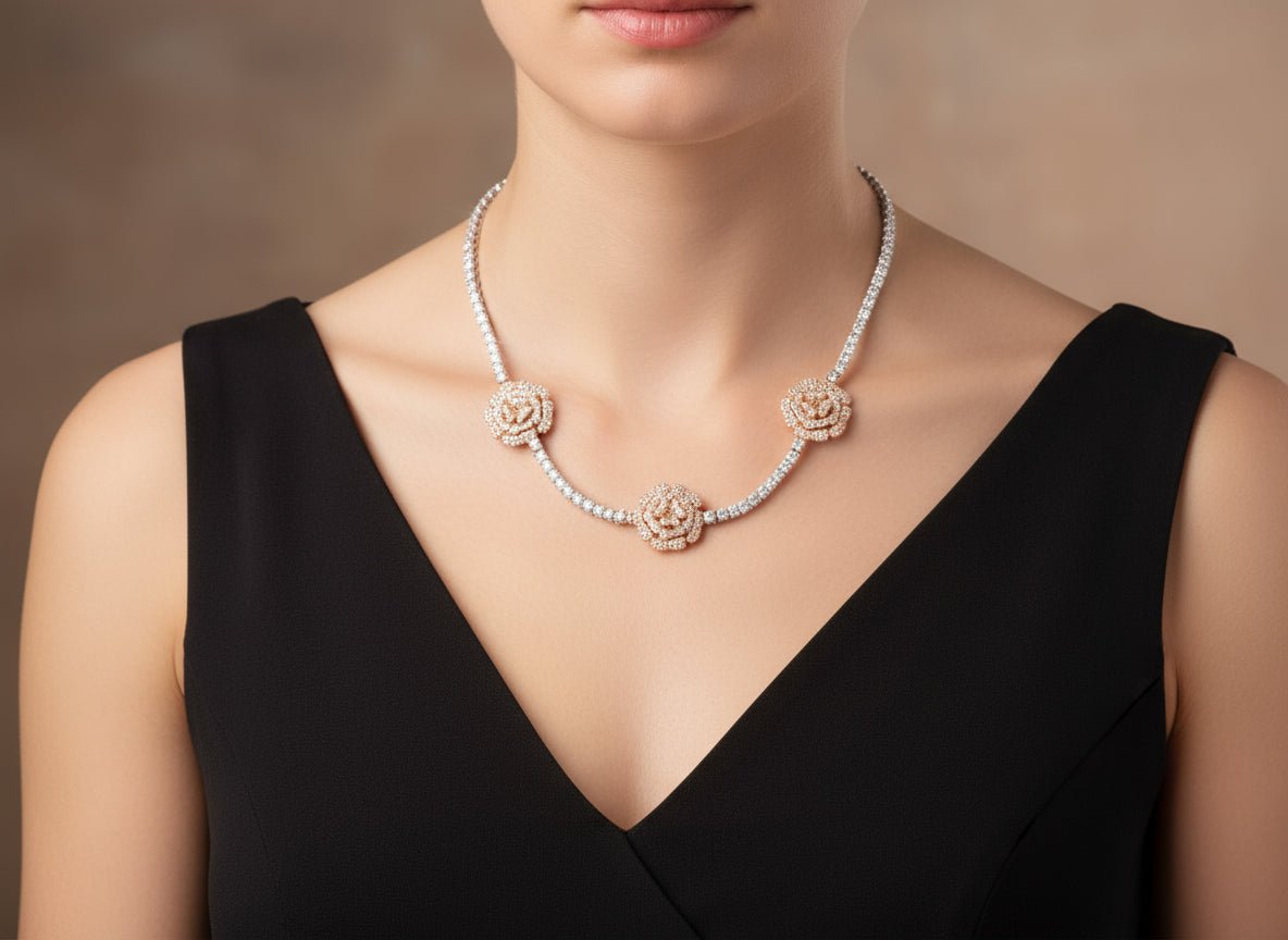 10k Gold Diamond Necklace with Rose Floral Round - Cut Design 2.75ct - AVI THE JEWELER