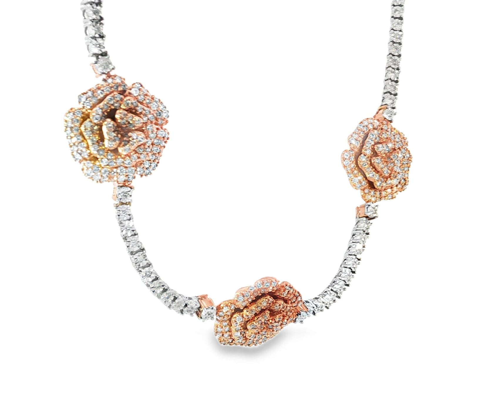 10k Gold Diamond Necklace with Rose Floral Round - Cut Design 2.75ct - AVI THE JEWELER