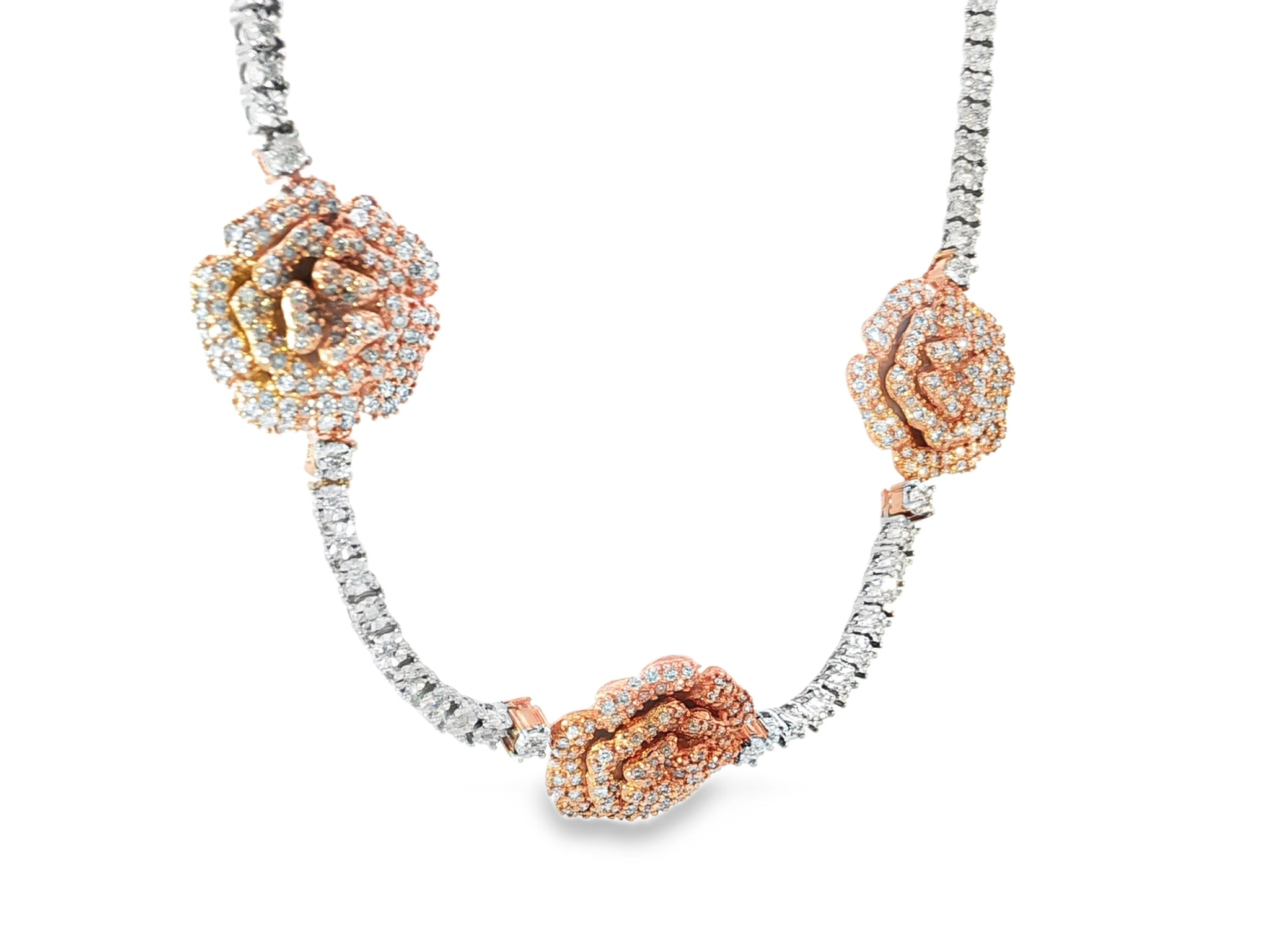 10k Gold Diamond Necklace with Rose Floral Round - Cut Design 2.75ct - AVI THE JEWELER