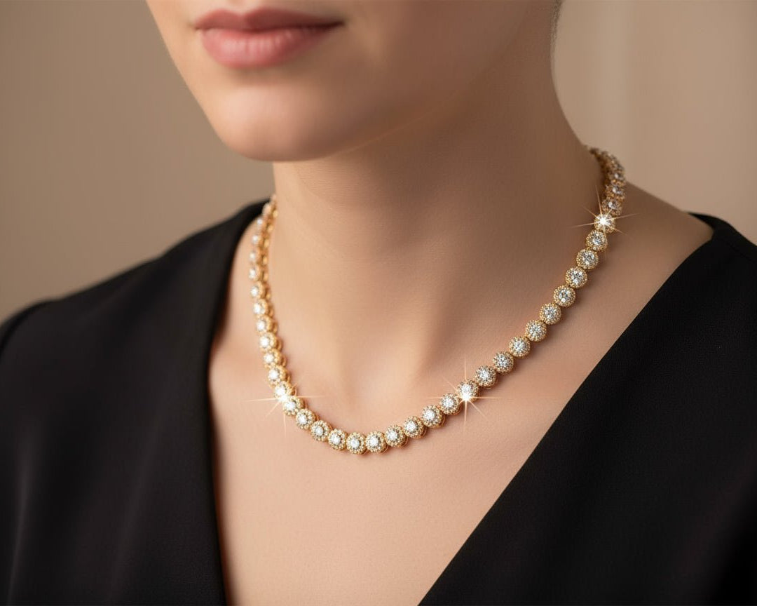 10k Gold Diamond Necklace with Round - Cut Cluster Design 3.0ct - AVI THE JEWELER