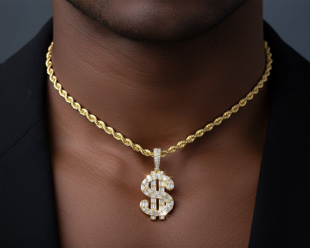 10k Gold Diamond Pendant with Dollar Sign & Baguette - Cut Detailing 0.85ct - AVI THE JEWELER