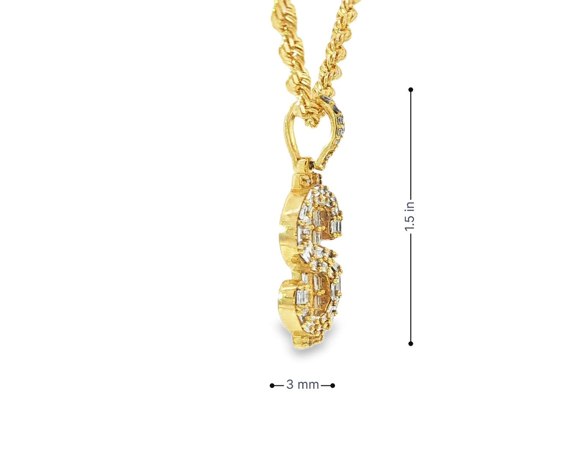 10k Gold Diamond Pendant with Dollar Sign & Baguette - Cut Detailing 0.85ct - AVI THE JEWELER