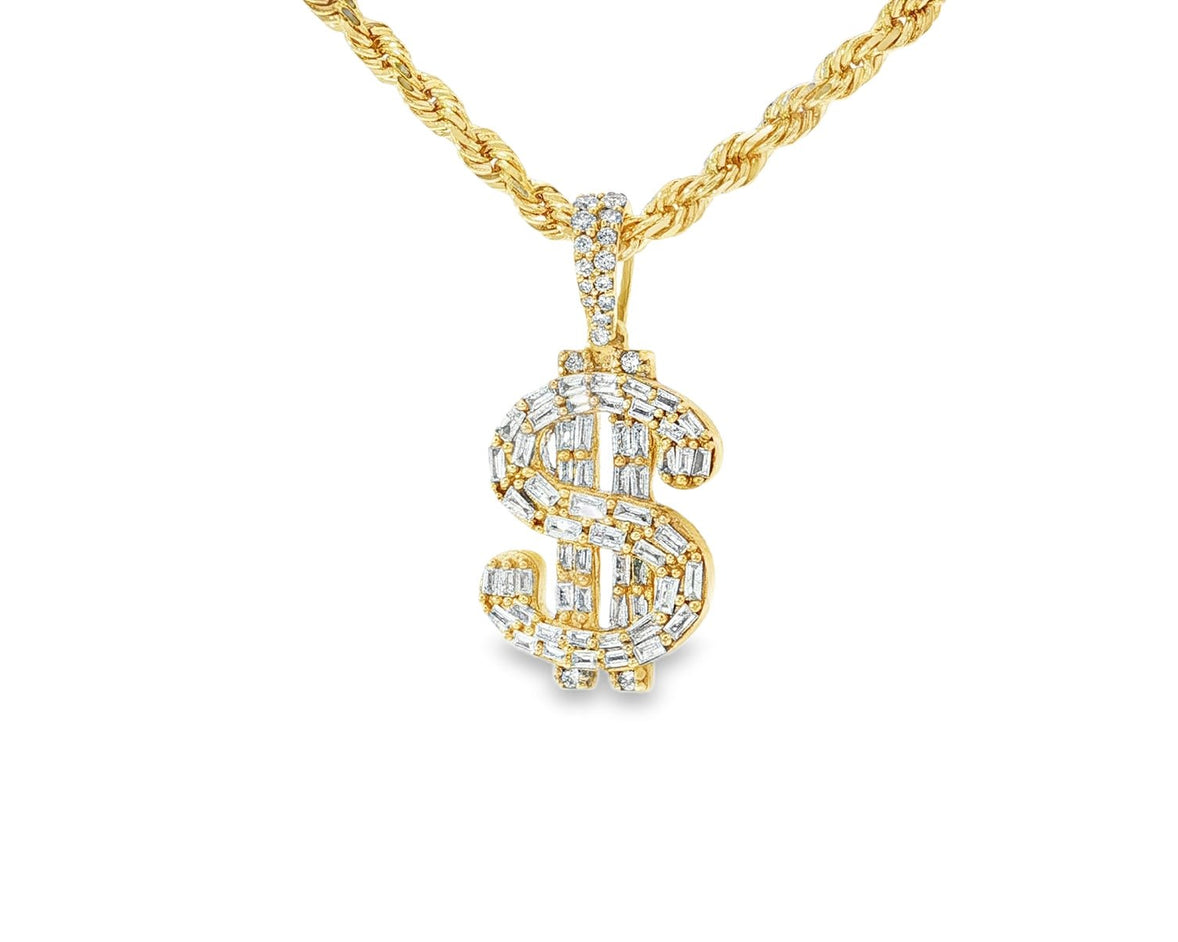 10k Gold Diamond Pendant with Dollar Sign & Baguette - Cut Detailing 0.85ct - AVI THE JEWELER