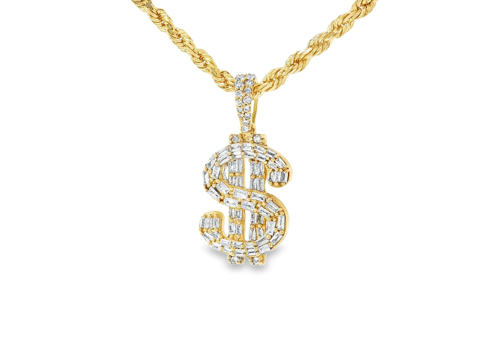 10k Gold Diamond Pendant with Dollar Sign & Baguette - Cut Detailing 0.85ct - AVI THE JEWELER