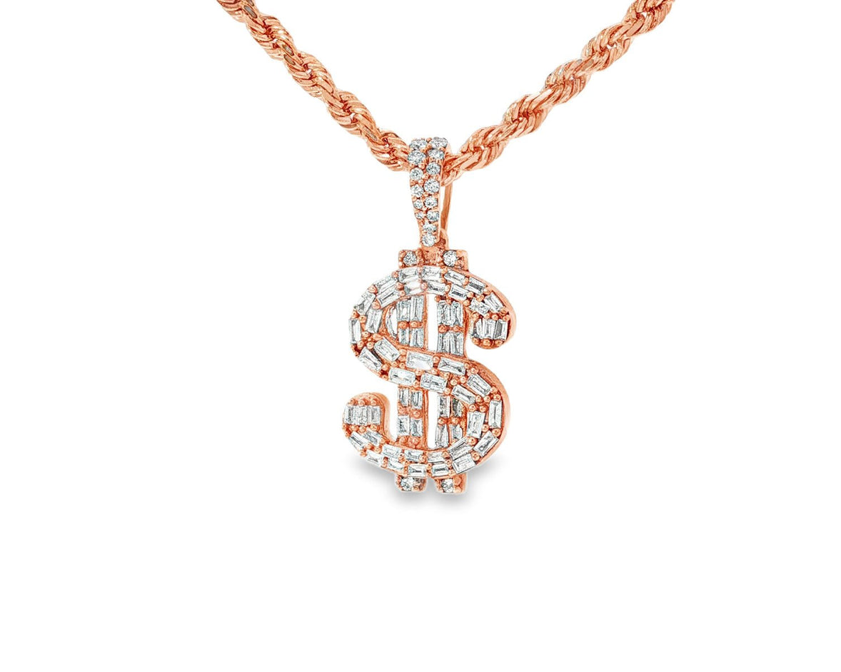10k Gold Diamond Pendant with Dollar Sign & Baguette - Cut Detailing 0.85ct - AVI THE JEWELER