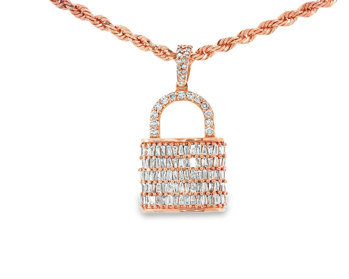 10k Gold Diamond Pendant with Lock Design Featuring Baguette & Round Accents 1.5ct - AVI THE JEWELER