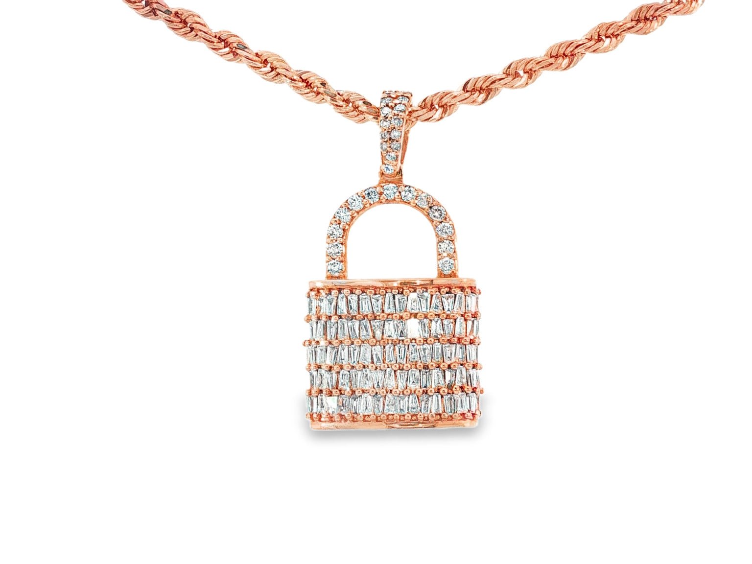 10k Gold Diamond Pendant with Lock Design Featuring Baguette & Round Accents 1.5ct - AVI THE JEWELER