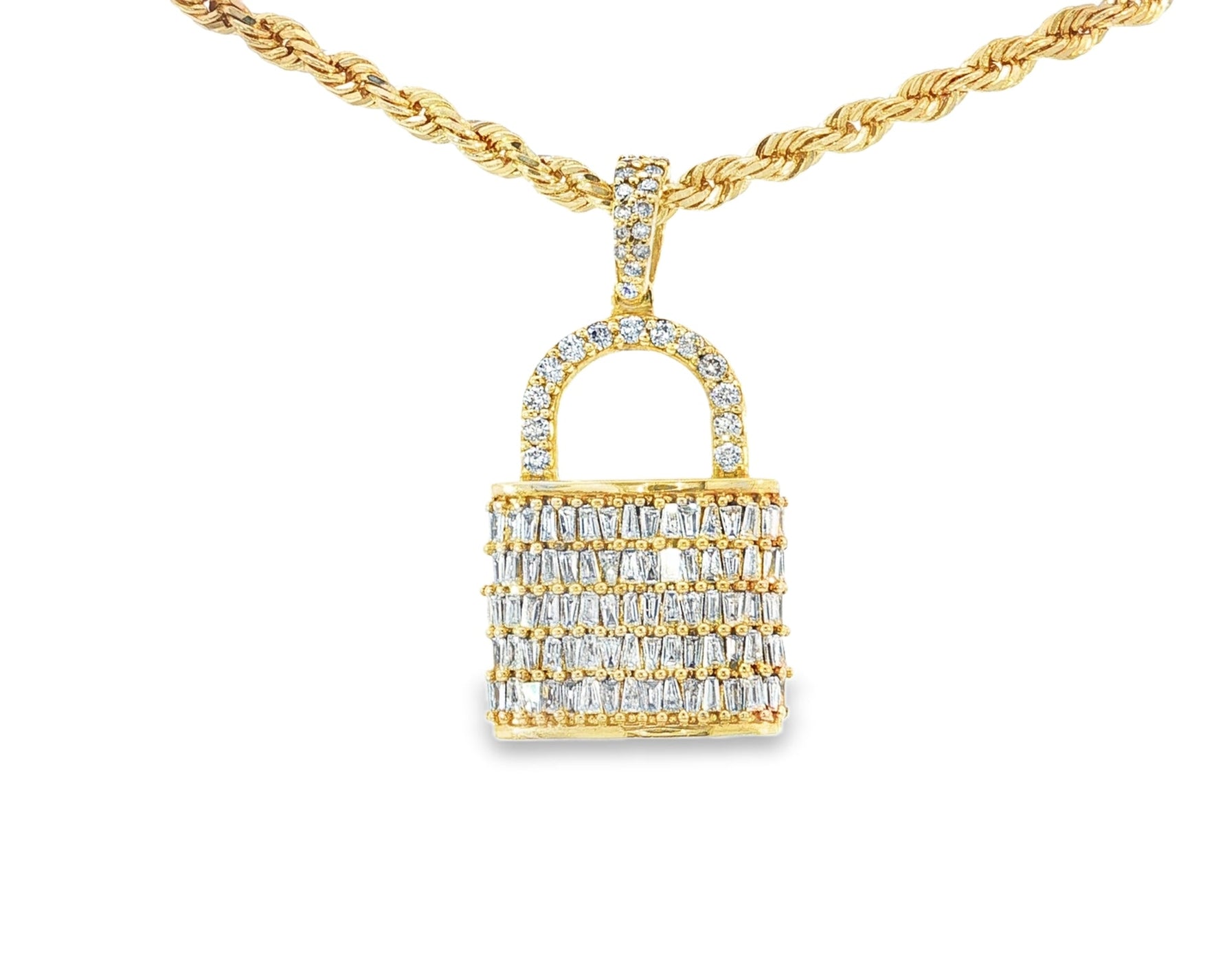 10k Gold Diamond Pendant with Lock Design Featuring Baguette & Round Accents 1.5ct - AVI THE JEWELER