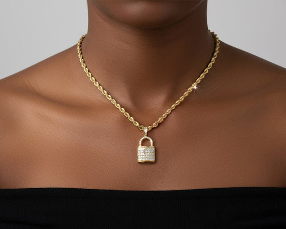 10k Gold Diamond Pendant with Lock Design Featuring Baguette & Round Accents 1.5ct - AVI THE JEWELER