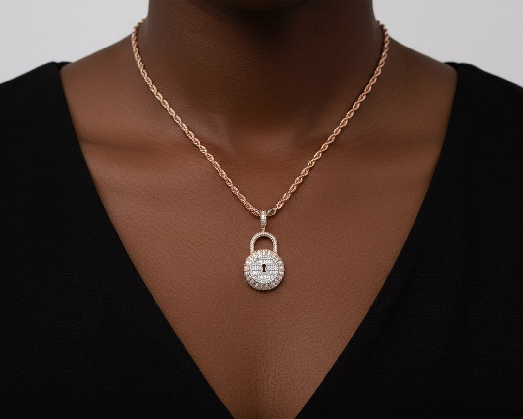 10k Gold Diamond Pendant with Round & Baguette Lock Design 1.75ct - AVI THE JEWELER