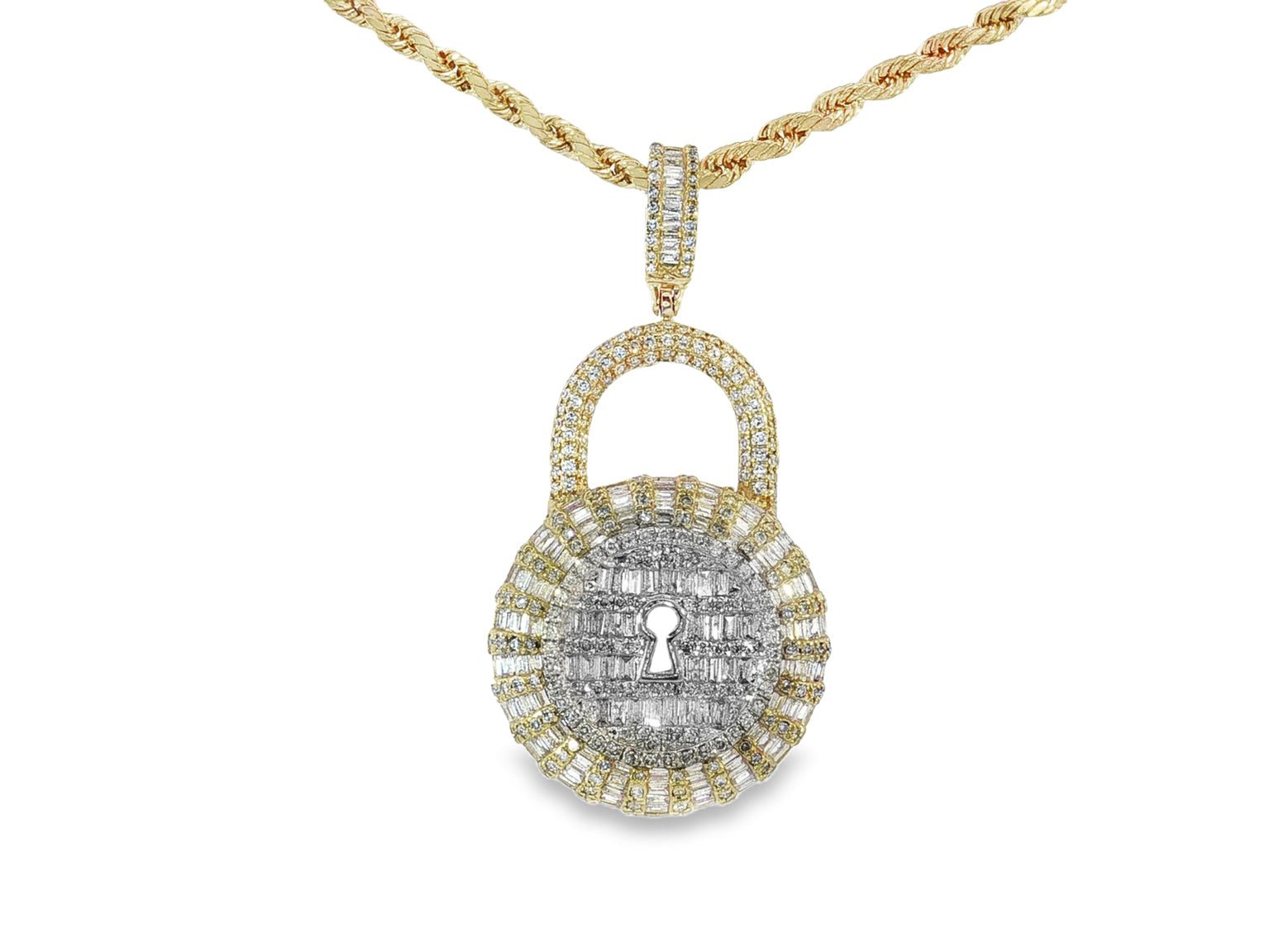 10k Gold Diamond Pendant with Round & Baguette Lock Design 1.75ct - AVI THE JEWELER