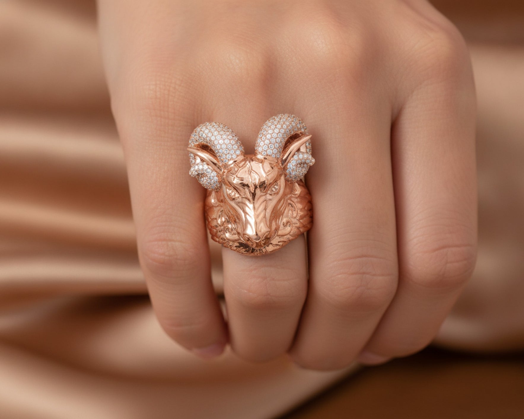 10k Gold Diamond Ram Head Ring with Pavé Accents 2.66ct – lifestyle 1263