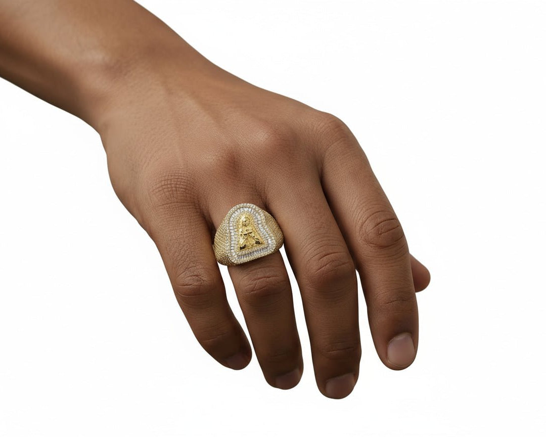 10k Gold Diamond Ring with Virgin Mary Design & Round - Cut Accents 2.50ct - AVI THE JEWELER