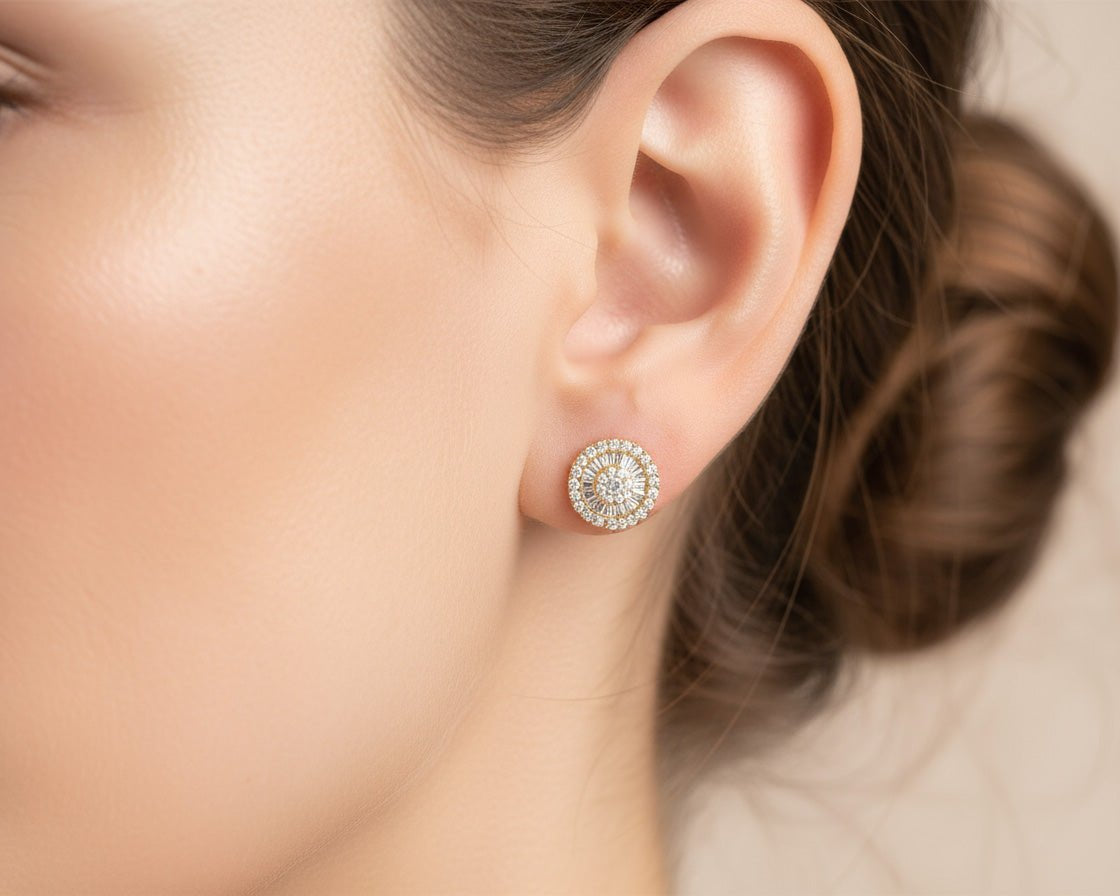 10k Gold Diamond Round Cluster Earrings with Baguette & Round Accents 0.52ct - AVI THE JEWELER