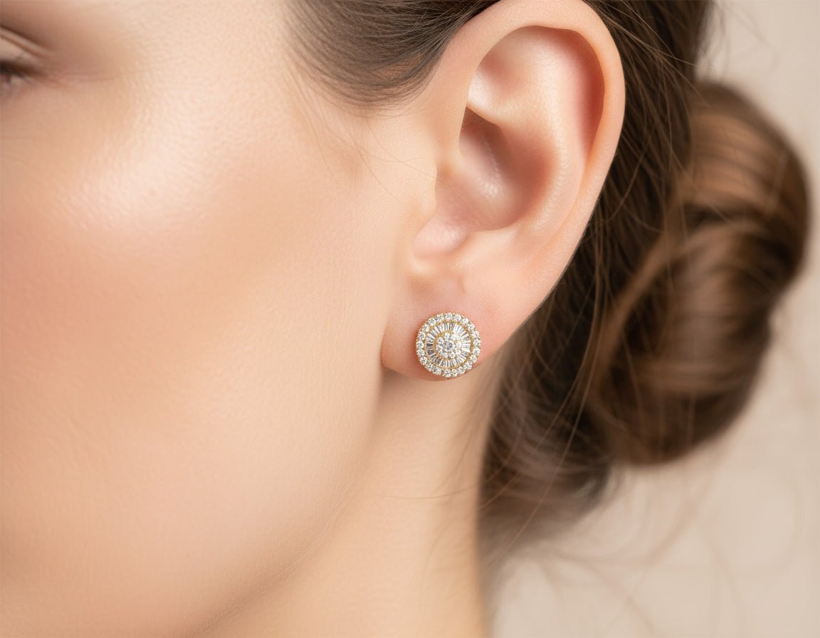 10k Gold Diamond Round Cluster Earrings with Baguette & Round Accents 0.52ct - AVI THE JEWELER