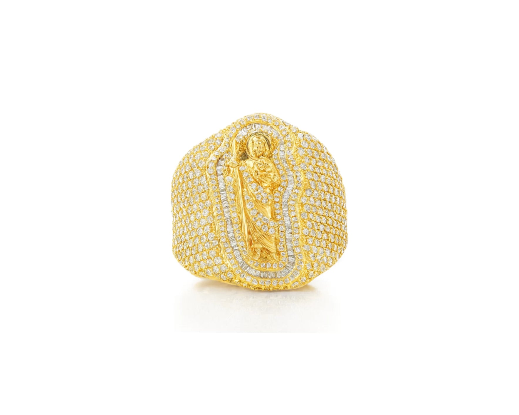 10K Gold Diamond Saint Medallion Ring with Pavé & Baguette 3.75ct – lifestyle 1108