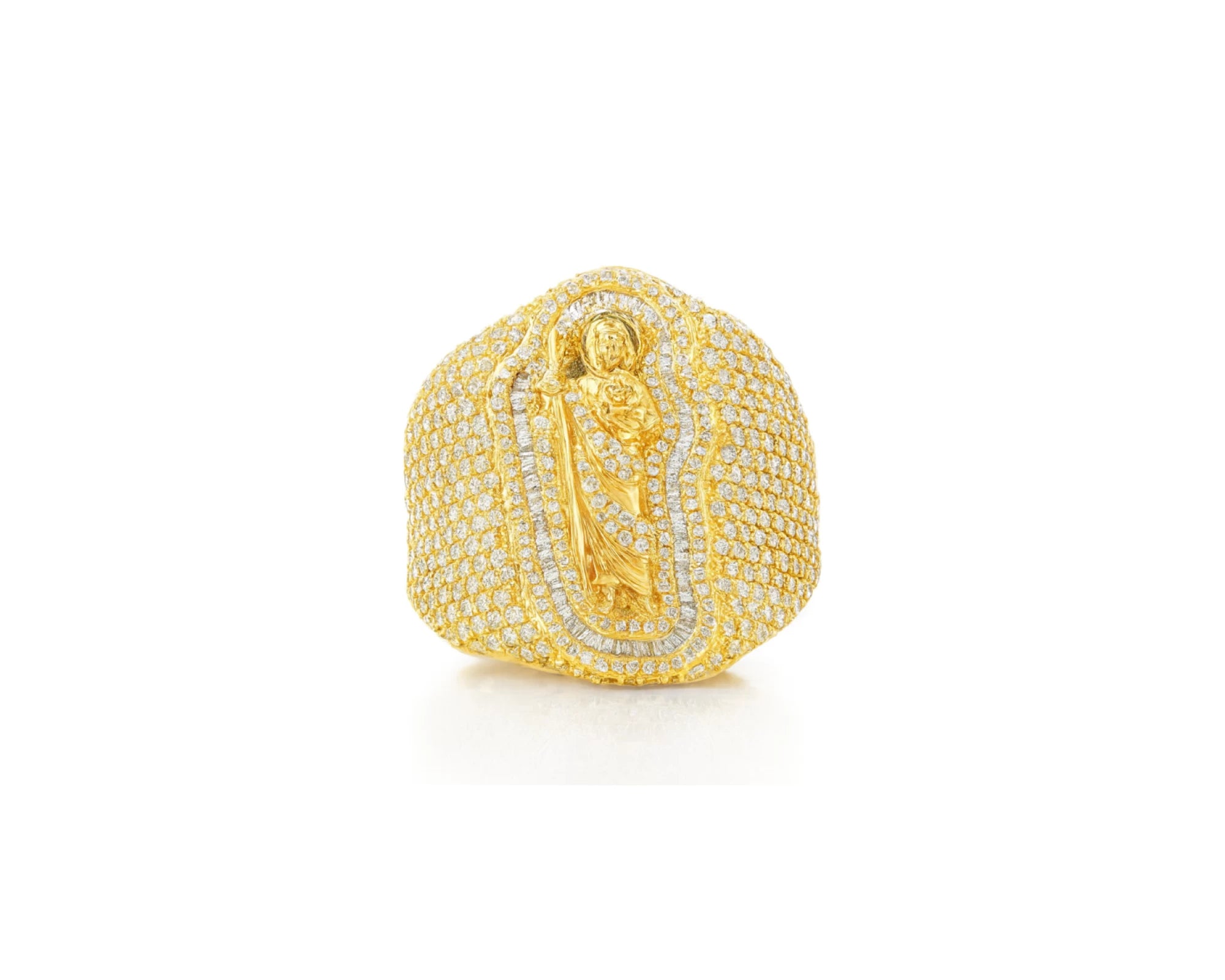 10K Gold Diamond Saint Medallion Ring with Pavé & Baguette 3.75ct – lifestyle 1108