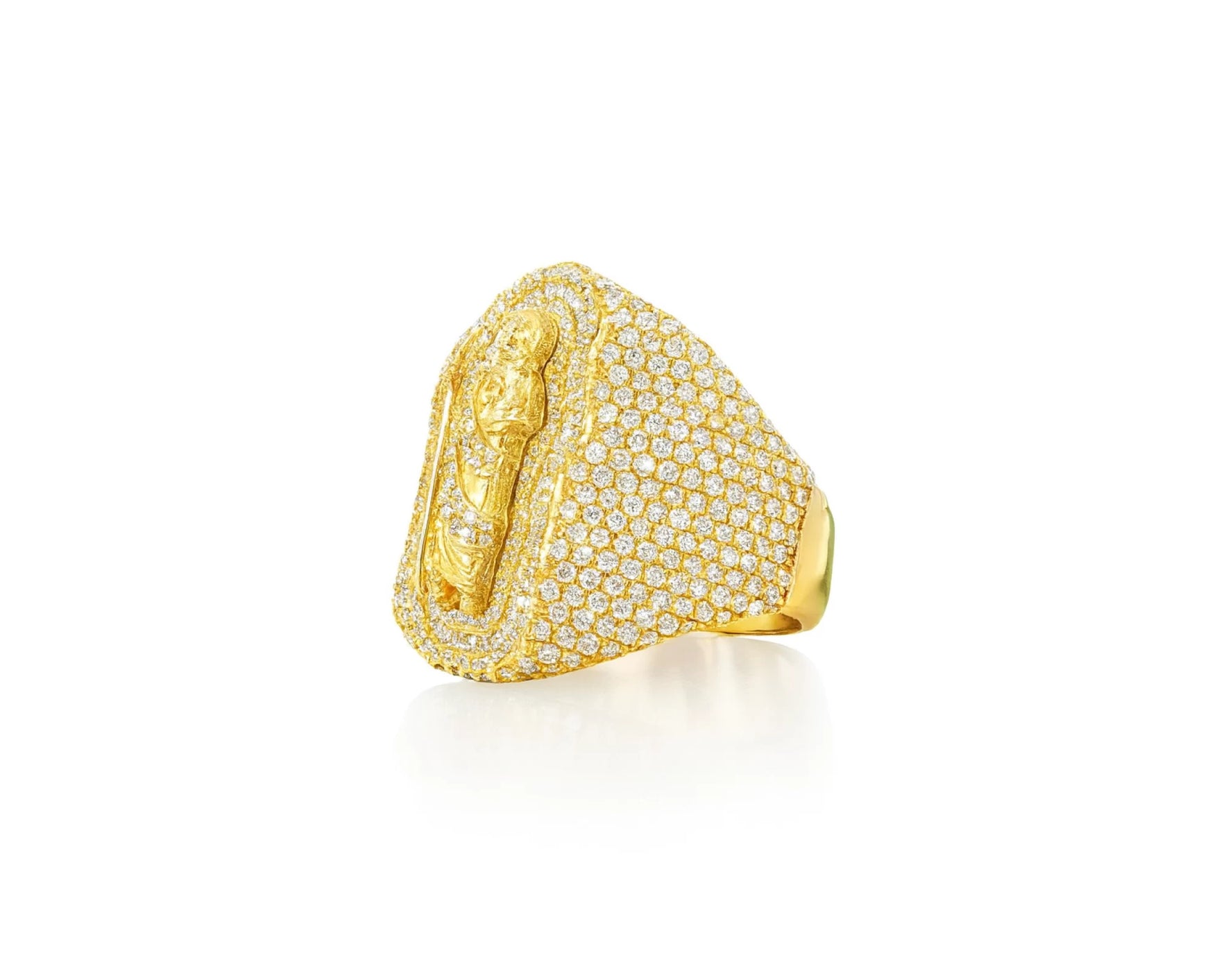 10K Gold Diamond Saint Medallion Ring with Pavé & Baguette 3.75ct – lifestyle 1109