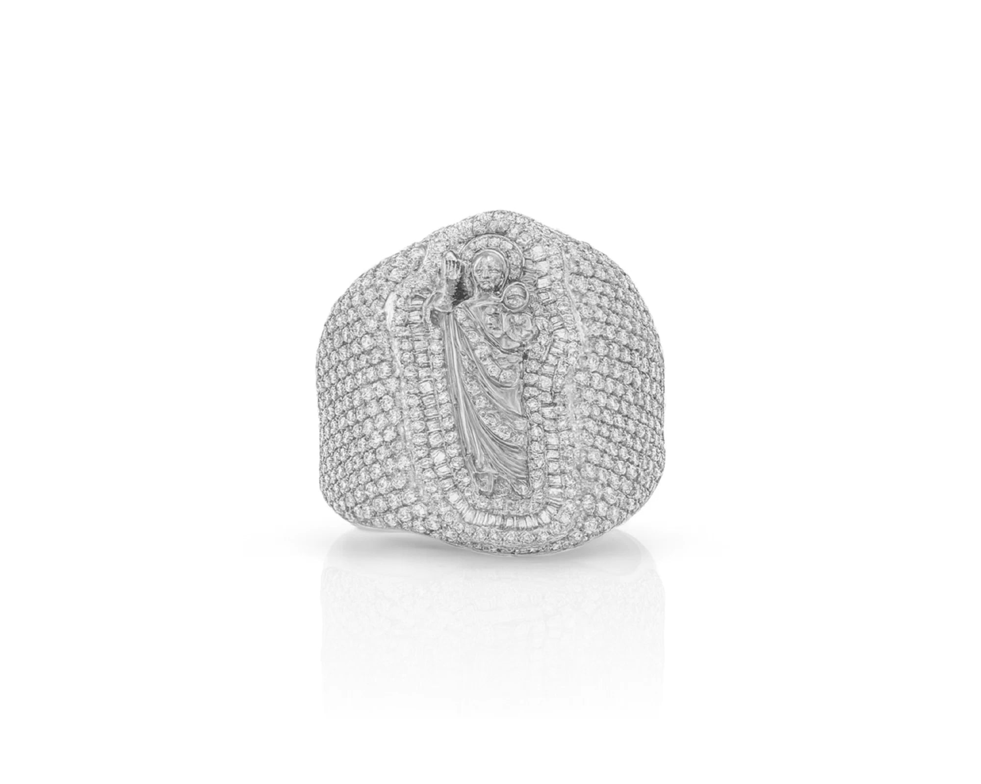 10K Gold Diamond Saint Medallion Ring with Pavé & Baguette 3.75ct – lifestyle 1112