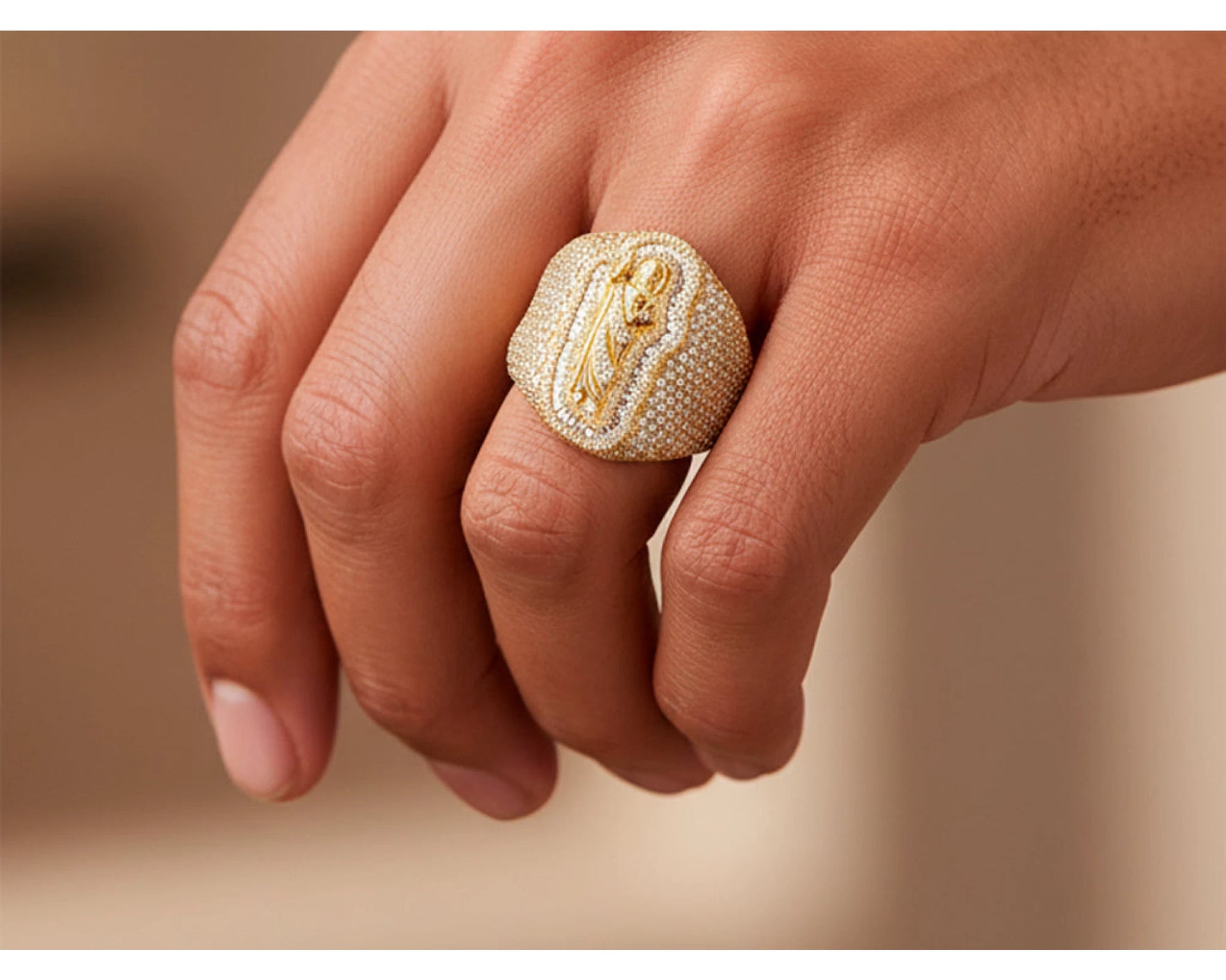 10K Gold Diamond Saint Medallion Ring with Pavé & Baguette 3.75ct – view 2
